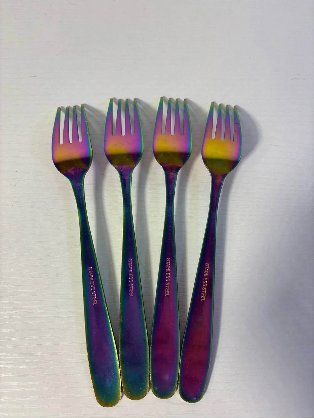 Set of 4 Rainbow Iridescent Stainless Steel Dinner Forks Colorful Flatware